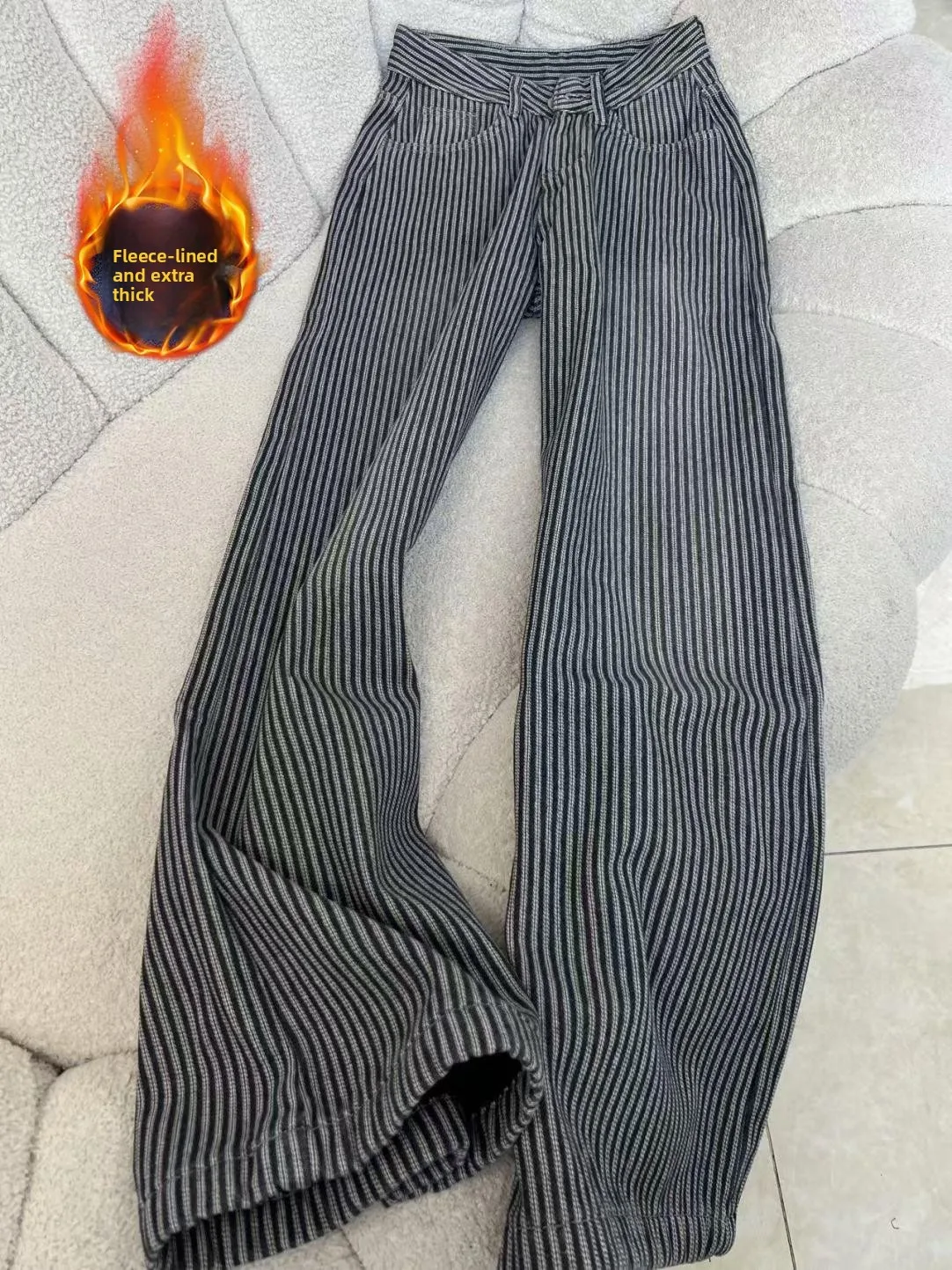 

Женские прямые джинсы с высокой талией на подкладке Thiened Fce, осенне-зимние новые теплые широкие брюки глубокого цвета