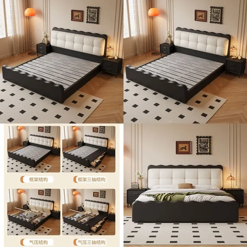 French Retro Black Leather Puff Bed Cloud Ripple Design Soft Upholstered Double Bed for Modern Master Bedroom