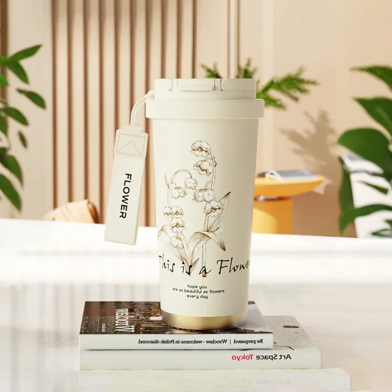 Woman Flower Coffee Mug 500ml 316 Stainless Steel Vacuum Flask Straw and Directly Drinking Insulated Tumbler Thermal Cup