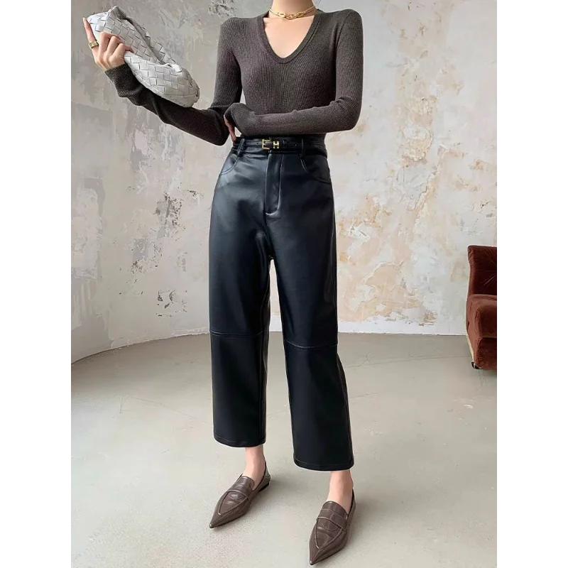 Pantalon en cuir PU noir pour femme, ample et droit, taille haute, décontracté, à neuf points, automne hiver