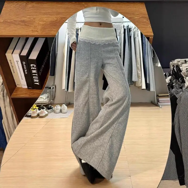 Women's Knitted Lace Splicing Wide Leg Pants New High Waist Versatile Casual Pants Student Loose Floor Pants Versatile Soft