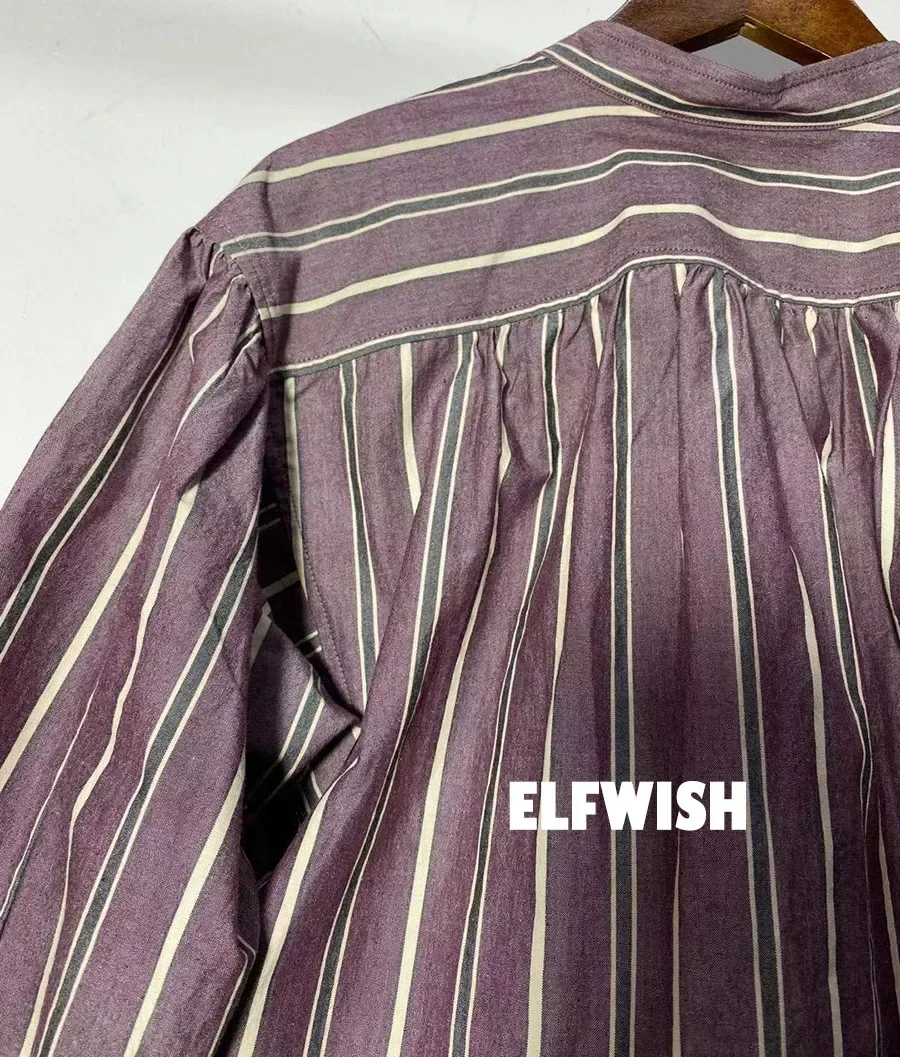 

Woman Striped Cotton Blouse Stand Collar with buttons Oversized TOP Long Sleeves Shirt Drop Shoulder Fashion tops