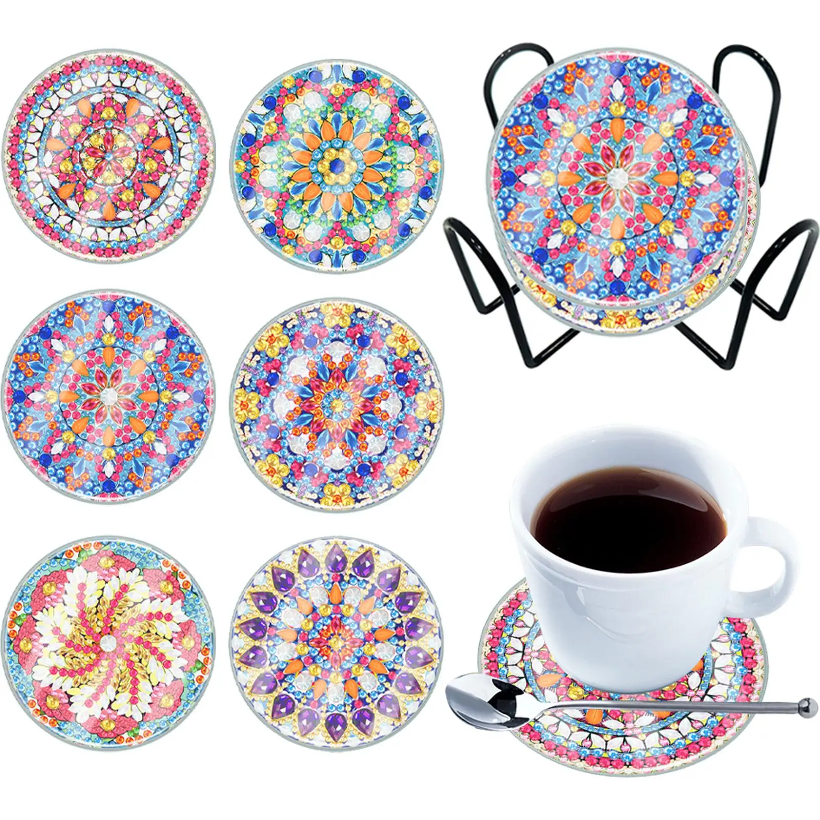 

6PCS Diamond Painting Coasters Kits with Holder Special Shape Full Drill Diamond Coaster Acrylic Diamond Painting Crafts Coaster
