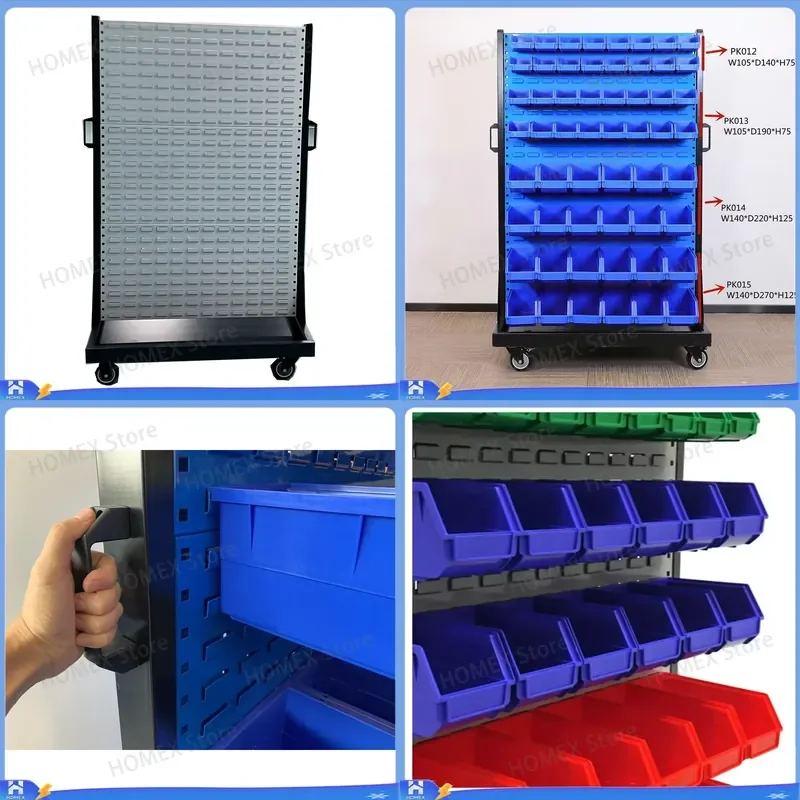 Mobile Double Sided Steel Panel Rack 8 Layer Slot Assembly with 24-128 Rear Mounted Storage Bins Heavy Duty 500kg Load