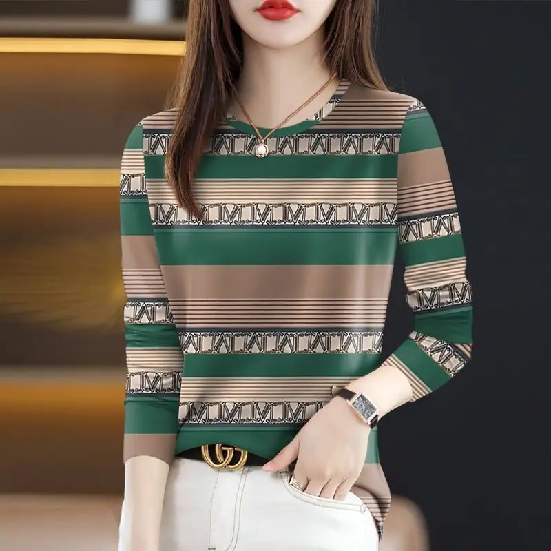 

Fashionable Striped Long Sleeve Base Shirt Women's Casual round Neck Slimming Top Mommy Wear Comfortable Polyester Fiber