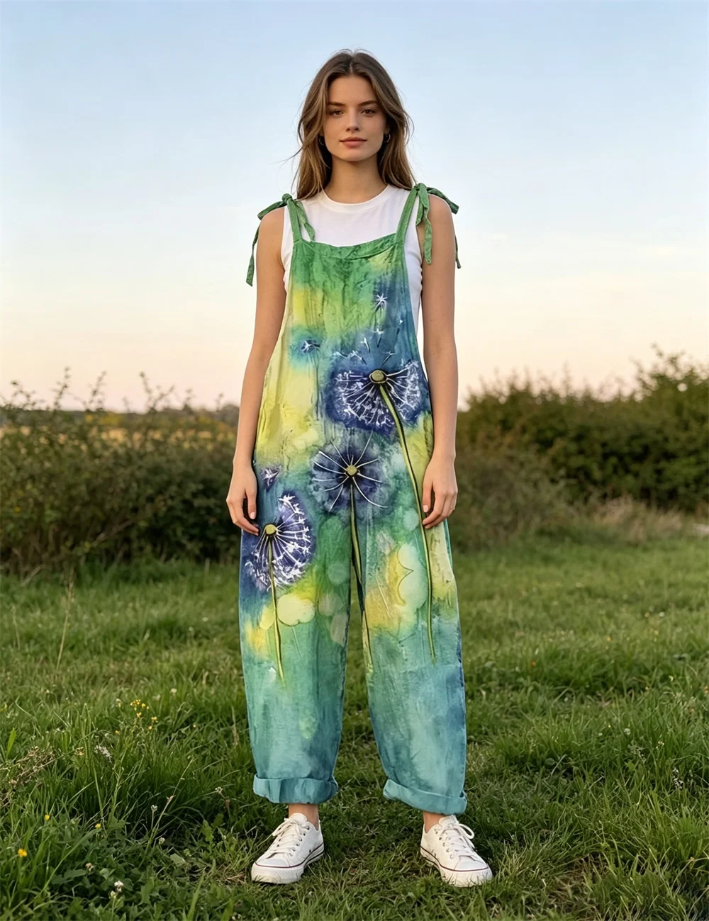 Women's new gradient watercolor and dandelion print women's comfortable jumpsuit, off shoulder sleeveless loose jumpsuit