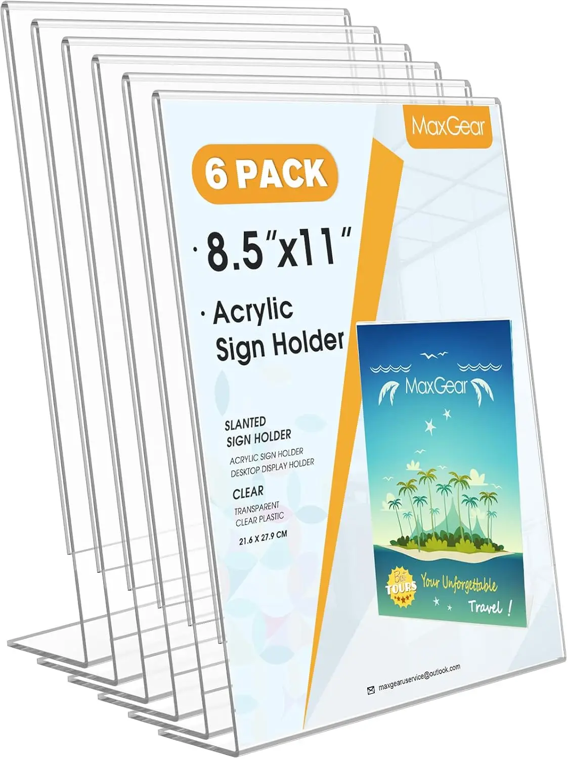 

6 Pack Acrylic Sign Holder 8.5x11, Clear Plastic Paper Holder with Slanted Back, Flyer Document Organizer for Office Desktop