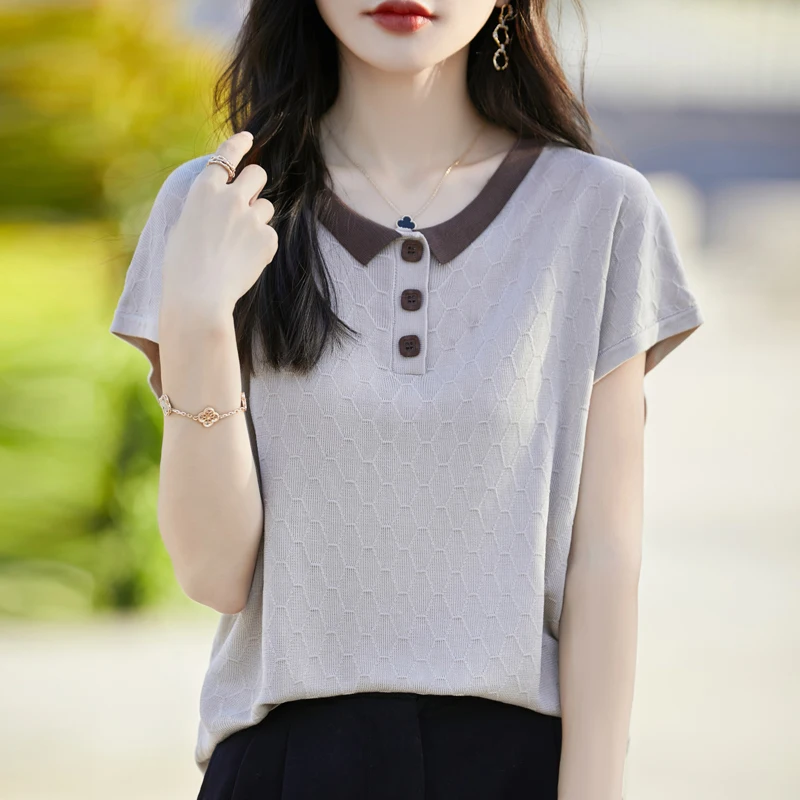 Sommer frauen Gestrickte T-shirt Mode Lyocell Kurzarm Casual Spleißen Tees Kragen Tops Lose Geometrie Bluse