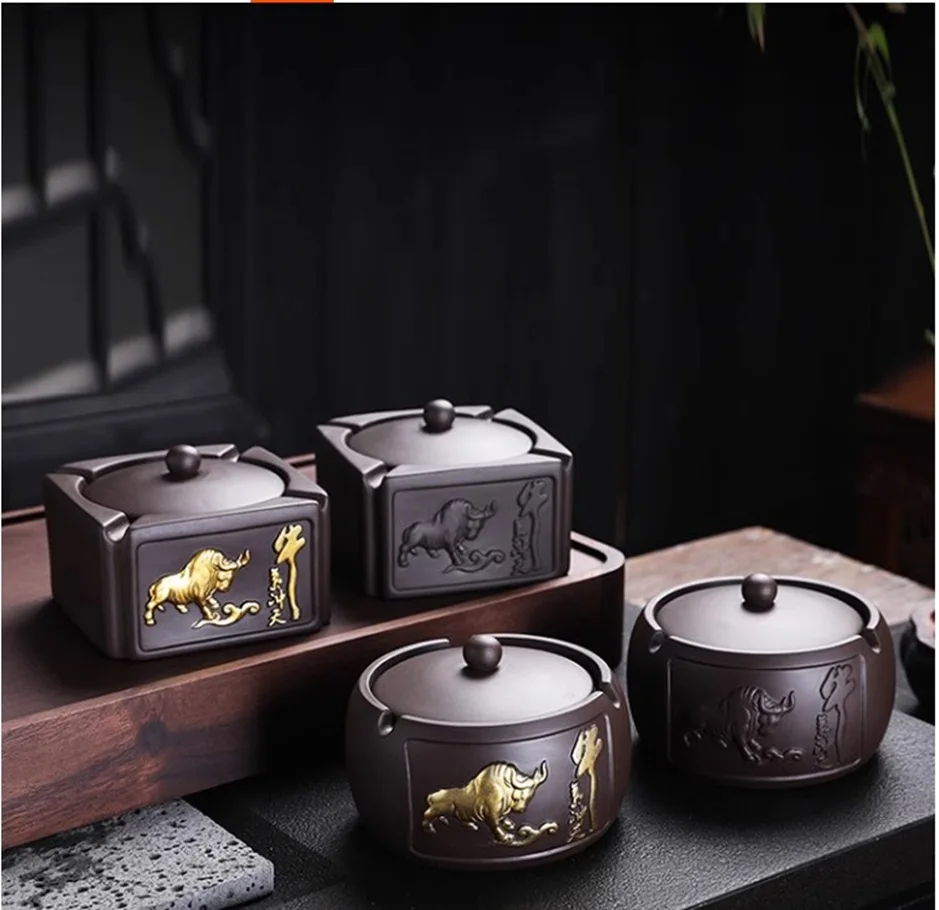 

Purple Sand Niuqi Chongtian Retro Ashtray with Lid Creative Unique Odor Dustproof Design for Home Garden