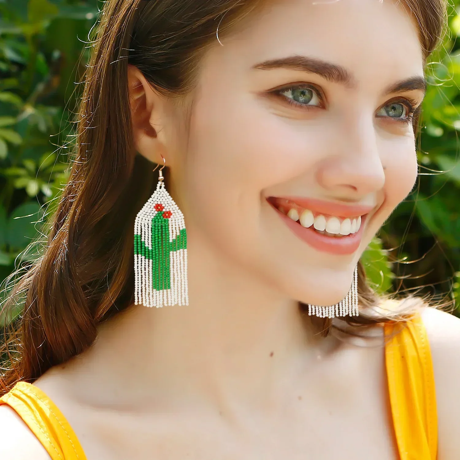 

Women's Bohemian Tassel Cactus Earrings Hand-Knitted Beaded Unique Fashion Jewelry Alloy Versatile Accessory