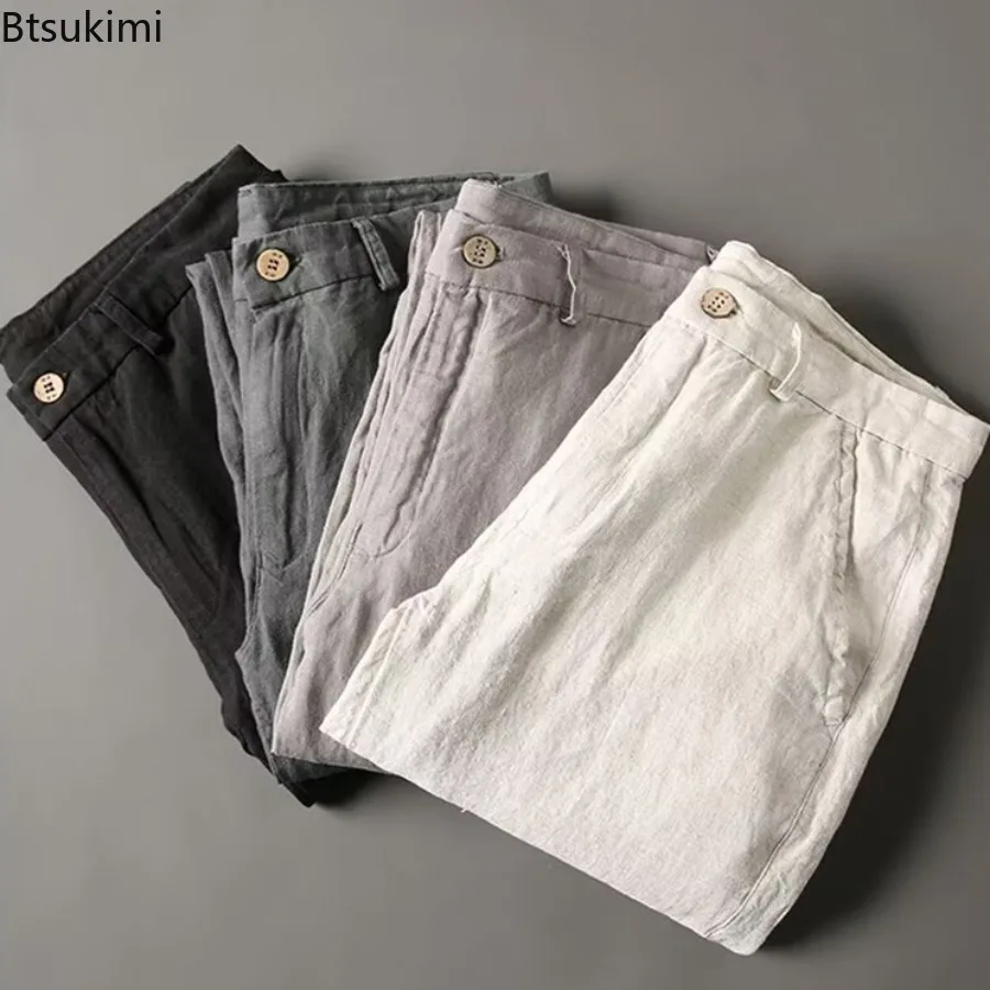 New 2026 Men's Casual Loose Linen Pants Vintage Straight Leg Suit Trousers Pure Color Summer Comfortable Leisure Pants for Men