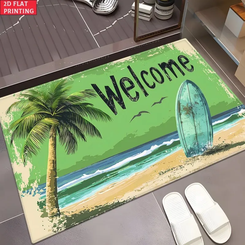 Tropical Beach Welcome Entrance Mat, Retro Palm Surfboard Non Slip Bath Rug, Summer Ocean Style Floor Carpet for Entryway Washro