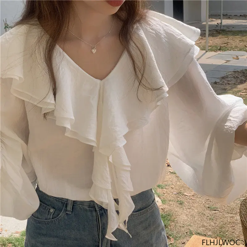 Layer Ruffles Tops Women Korean Style Design Clothes Flare Sleeve Elegant Office Lady White Sweet Girls Basic Shirts Blouses