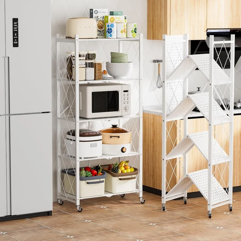 BENOSS Folding Metal Storage Shelves on Casters, Heavy-Duty White Wire Rack, Rolling Foldable Storage Rack No Assembly