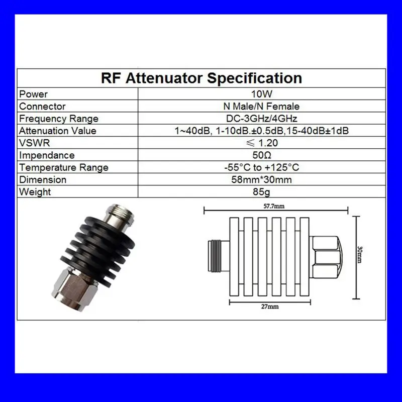 10W N Type Attenuator DC-3Ghz/4Ghz 1/2/3/5/6/10/15/20/30db/40db N Male to Female RF coaxial Power plug Male to jack Female 50ohm