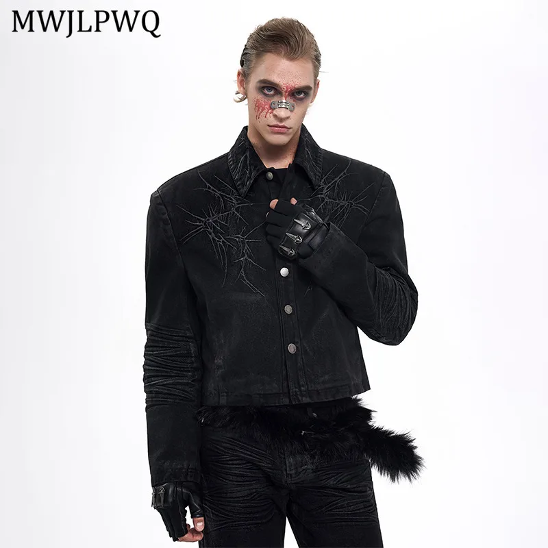 

MWJLPWQ Embroidery Brush Design Denim Jacket Men Single Breasted Long Sleeve 2025 Tide Autumn Short Slim Fit Casual Tops 11305