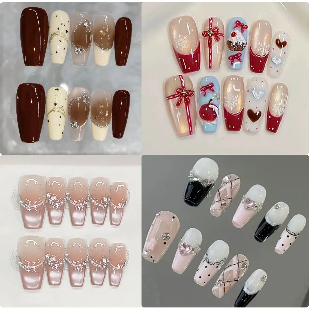 

10 шт./пакет винно-красный черный французский кот магнитный средний гроб стеганый узор розовый ручной работы пресс на ногтях съемные накладные ногти