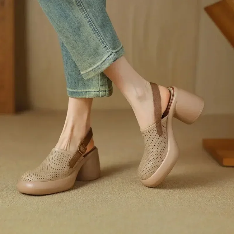 2024 New Luxury Sandalias De Mujer Summer Mid Heels Chunky Casual Designer Dress Pumps Mules Breathable Shoes Zapatos Ladies