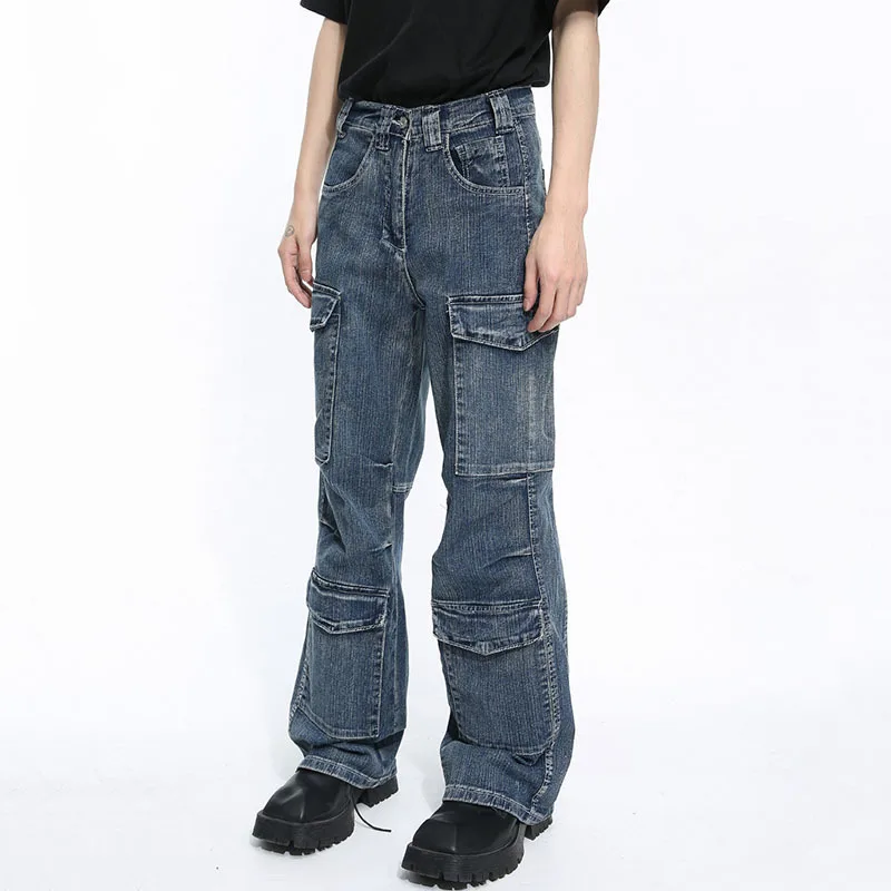 LUZHEN Effen 2024 Stijl Multi-pocket Mannelijke Patchwork Jeans Amerikaanse Mannen Denim Cargo Wijde Pijpen Broek Cargo Broek Nieuwe Chic LZ6717