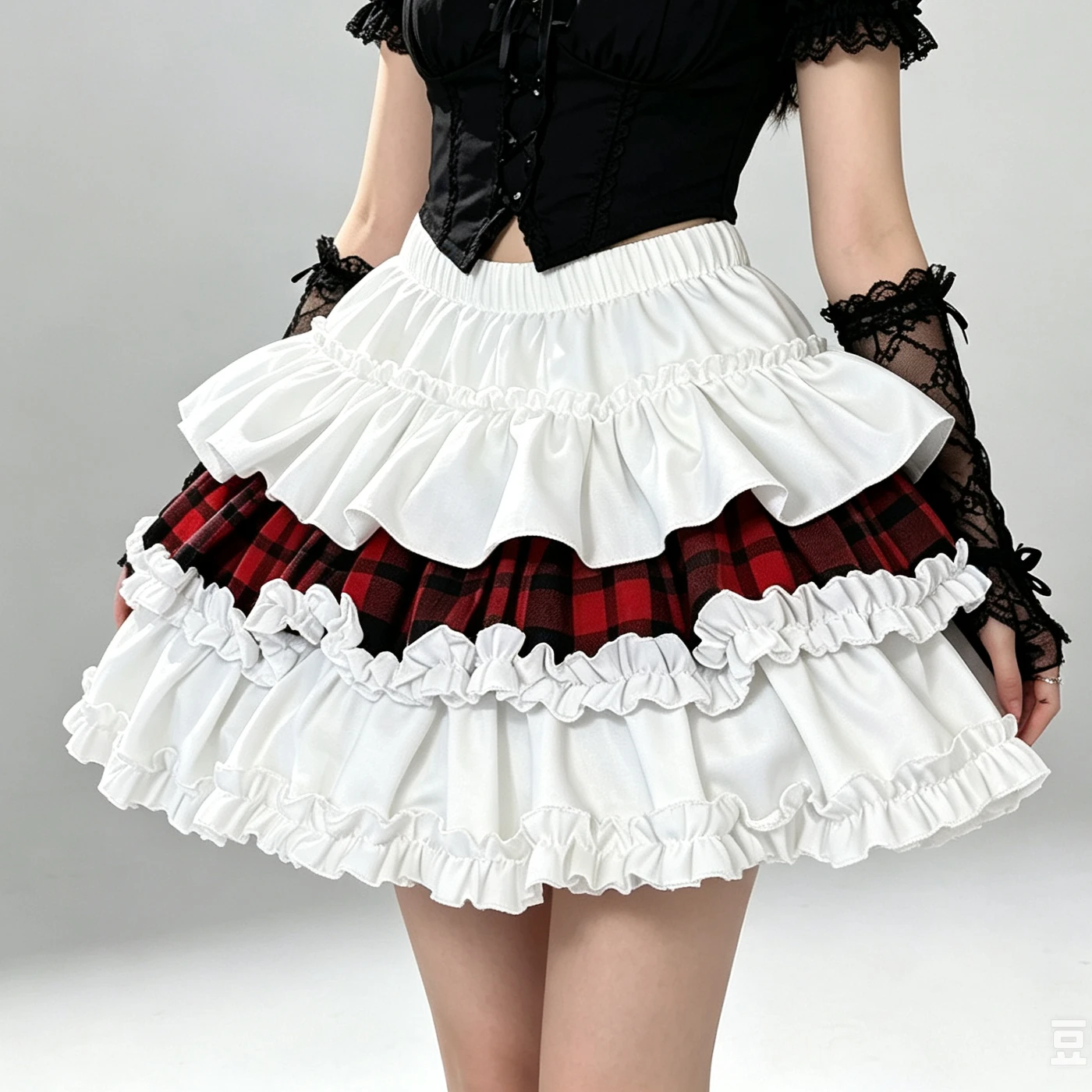 Kawaii Lolita Tiered Plaid Cake Mini Skirt Design Ruffle Elastic Waist Safety Liner Women Frilly Flowy Short Skirt Sweet Preppy