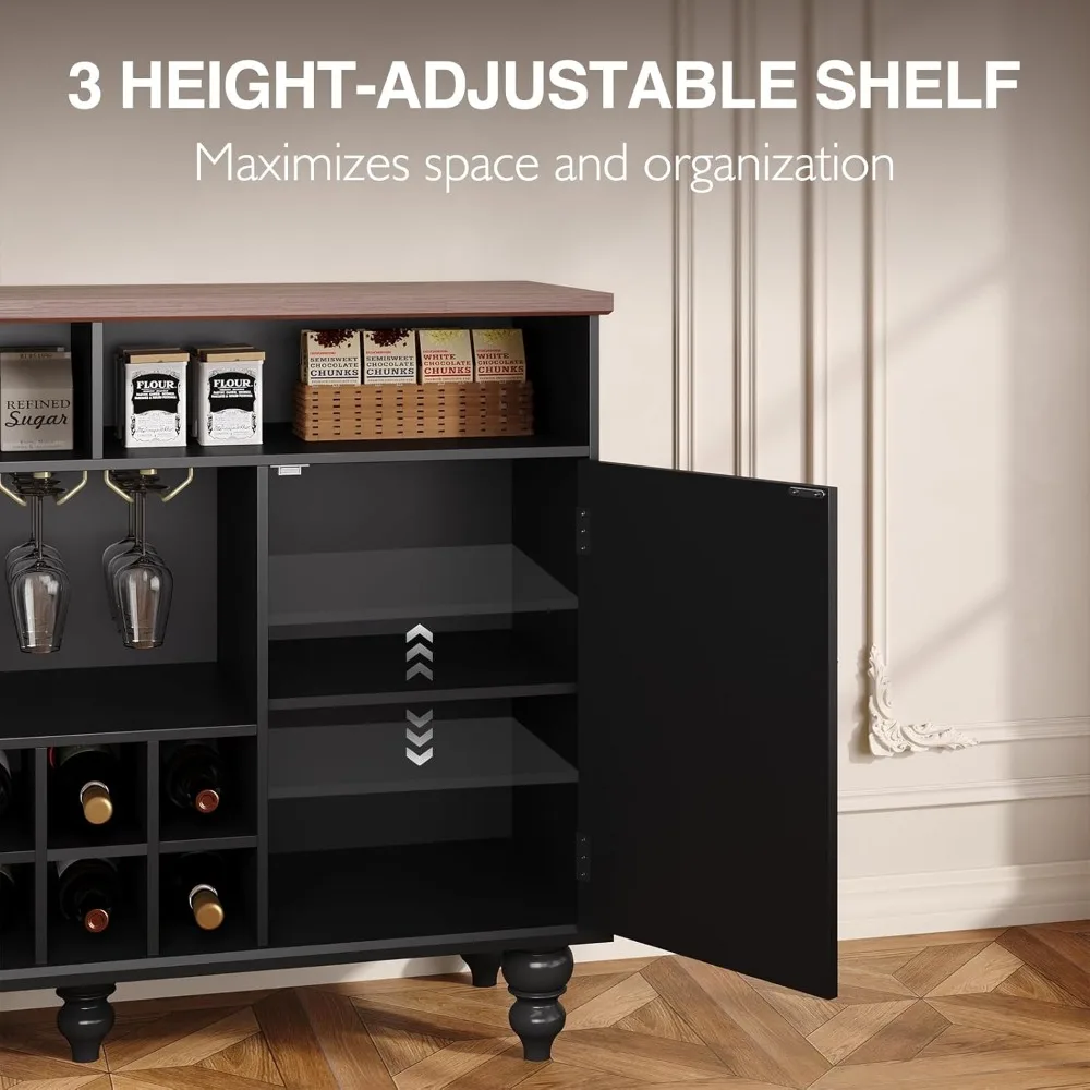 خزانة بار النبيذ الحديثة لمنتصف القرن الأسود مع مساحة تخزين، وخزانة مشروبات مع رف النبيذ وحامل زجاجي، وخزانة بوفيه مع #4