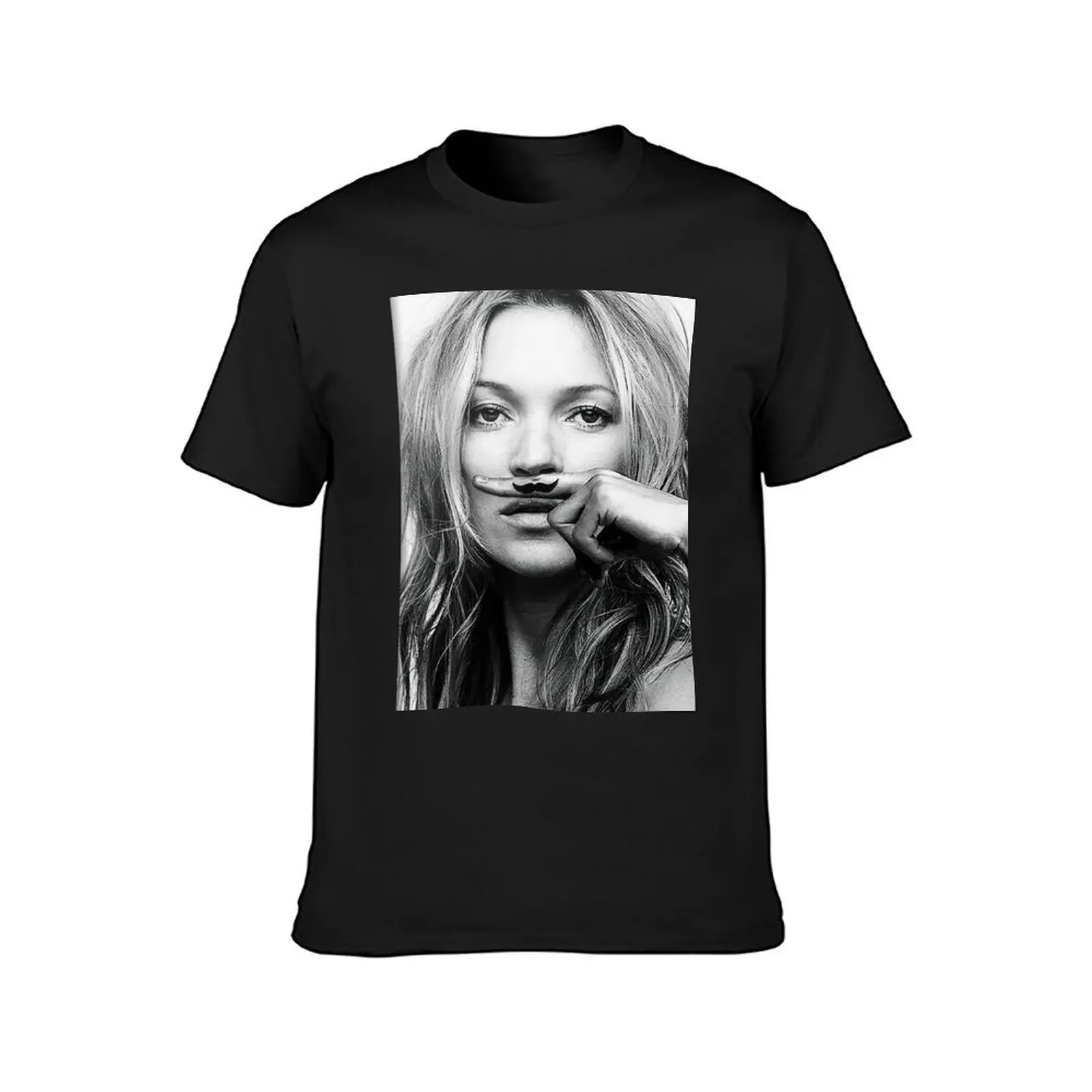 Kate Moss, Mustache, Black and White Photograph T-Shirt korean fashion blanks summer tops plus sizes T-shirt men