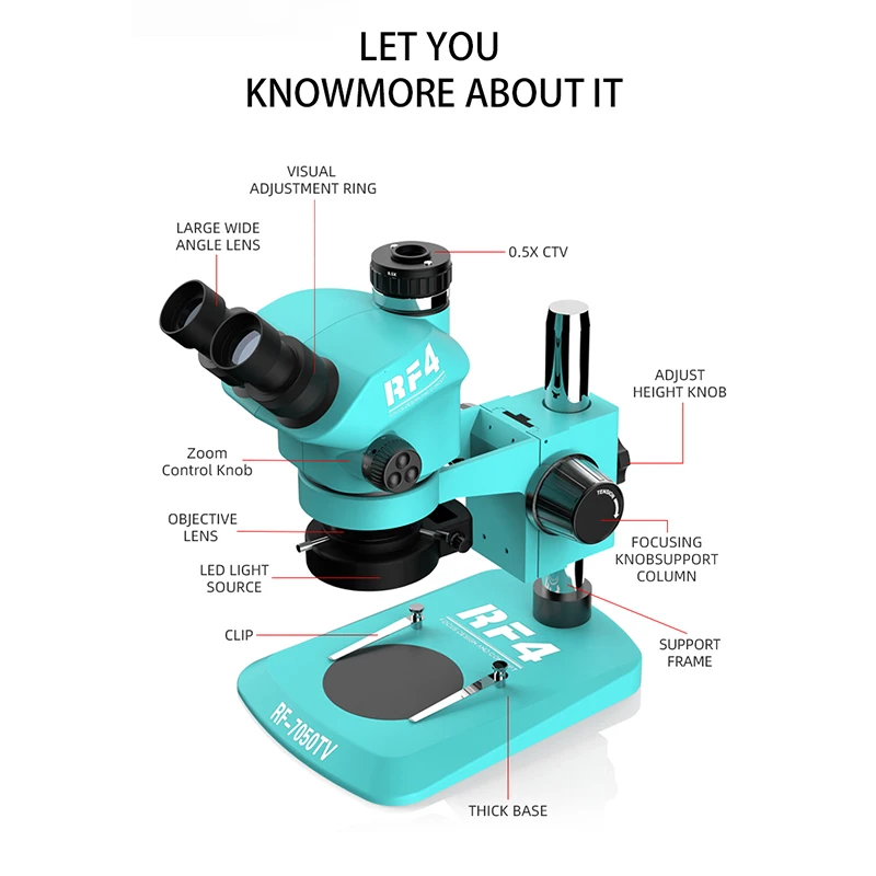 

RF4-RF7050TV Stereo Microscope With Trinocular Microscope Head 7-50X 0.5CTV WF10X/22mm Eyepiece For Mobile Phone Repair Tool