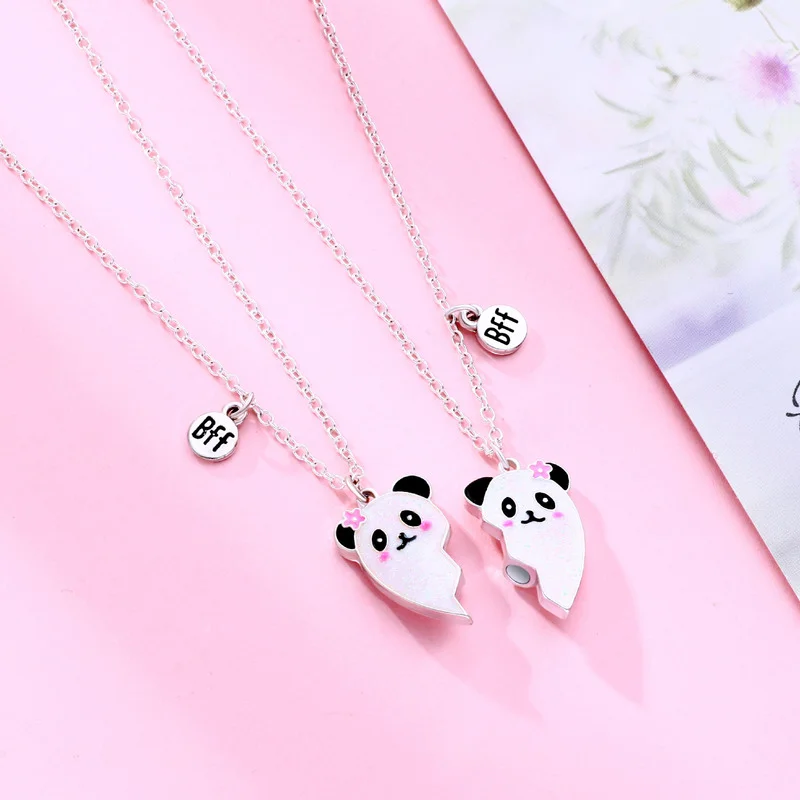 2022 Cartoon Panda Heart Broken Pendant Necklace BFF Couple Jewelry for Kids Girls Fashion Friendship Best Friends Gifts