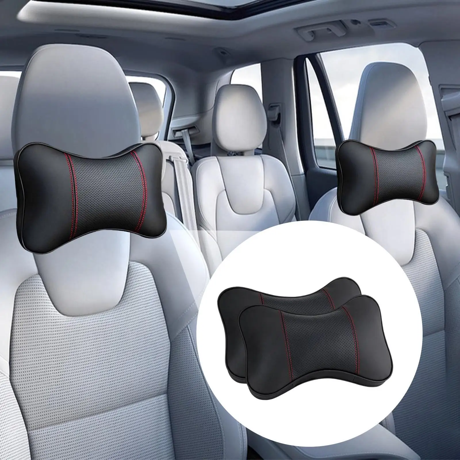 2 Pieces Car Neck Pillow Neck Rest Removable Cover Auto Accessories Car Seat Neck Pillow Easy to Install Breathable PU Leather