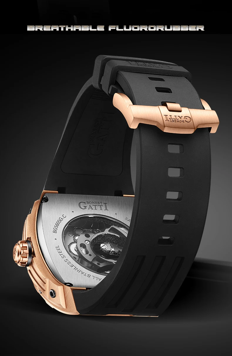 BONEST GATTI Men Automatic Watch 43*50mm Tonneau Mechanical Wristwatch Sapphire Luminous Dragon Dial Fluororubber Strap