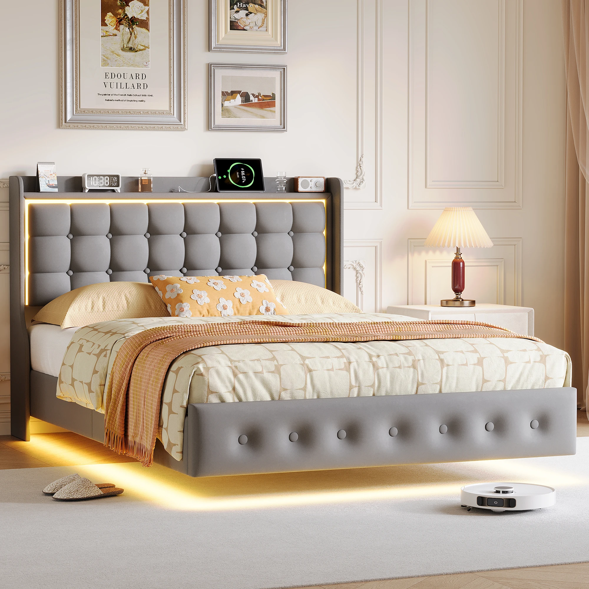 Cama tapizada Fangange de 160 x 200 cm, base de cama flotante tapizada con luces LED y diseño de cabecero, cama de invitados en terciopelo