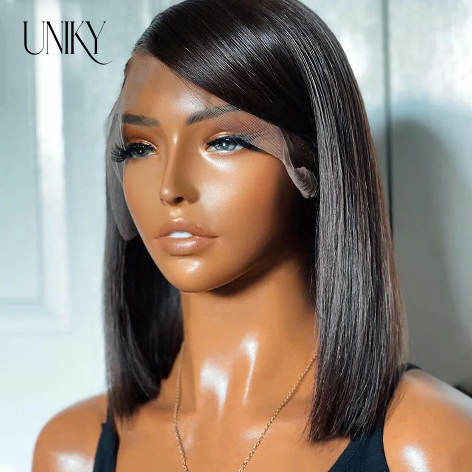 Brazilian Straight Human Hair Wigs 180 Density Transparent T Part Lace Remy Human Hair Frontal Wigs For Women PrePlucked Natural