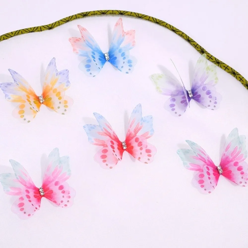 50Pcs 3D Organza Fabric Butterfly Appliques Rhinestone Double-layer Simulation Mesh Butterfly Patch Gradient Color Translucent