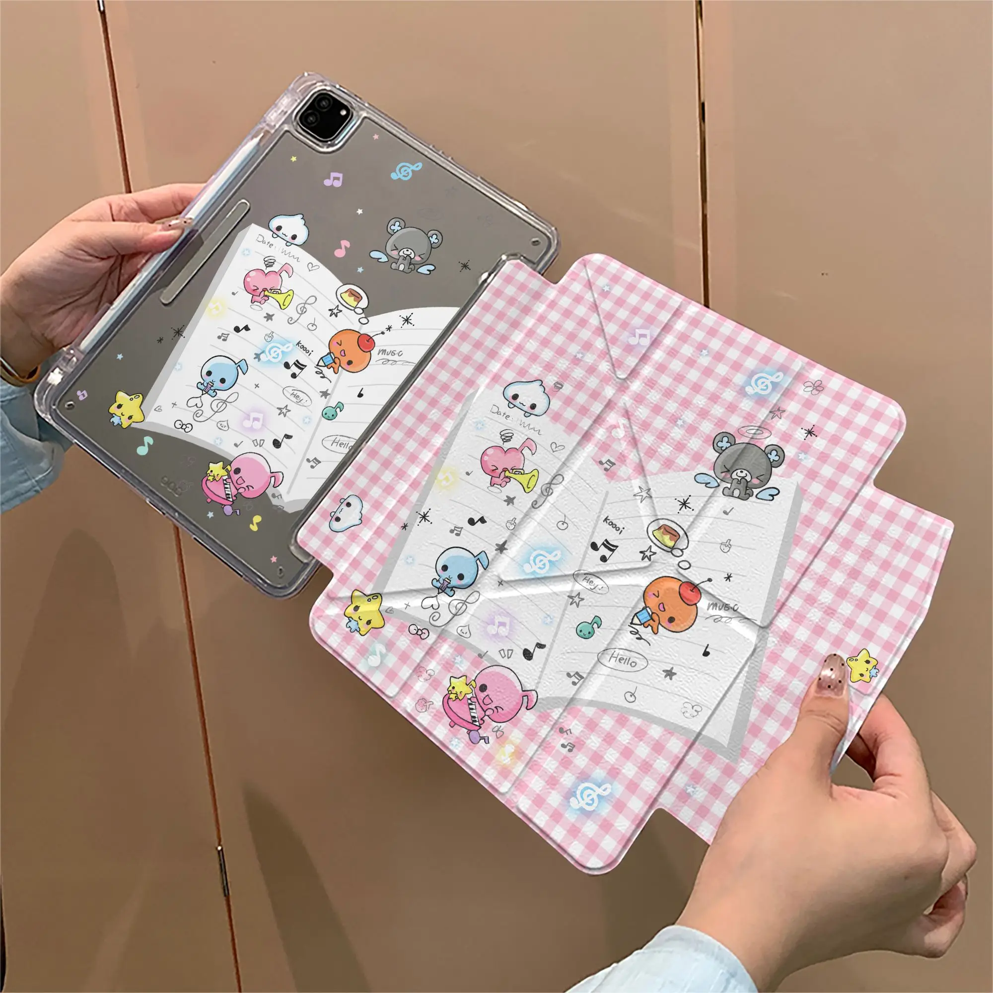 

Чехол для iPad Pro Air M5 M4 M3 M2 2 1 11th A16 12.9" 10 9 8 5 Th Mini 7 6 8.3" с розовым клетчатым узором, музыкальными нотами и милым эльфом, для творчества и отдыха