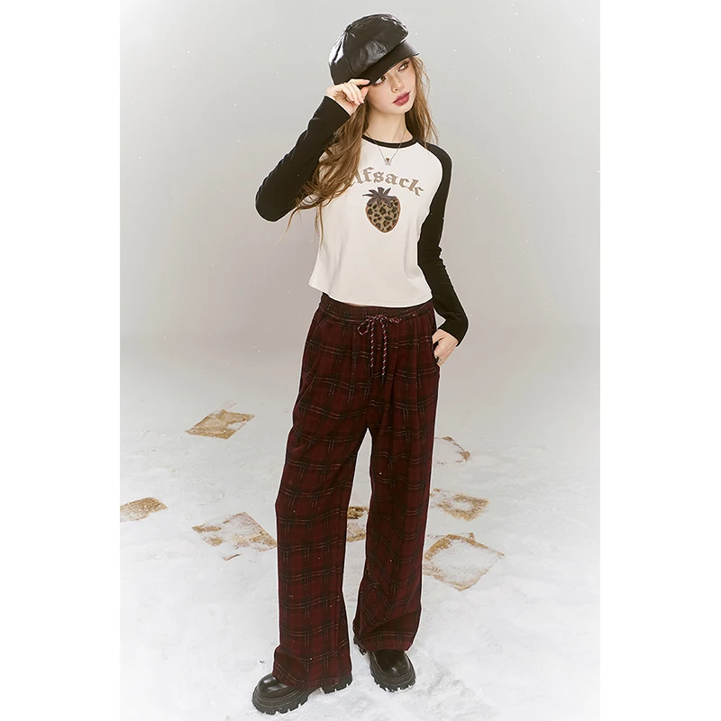 ELFSACK Y2K Preppy Casual Plaid Bow Drawstring Floor Length Pants For Women