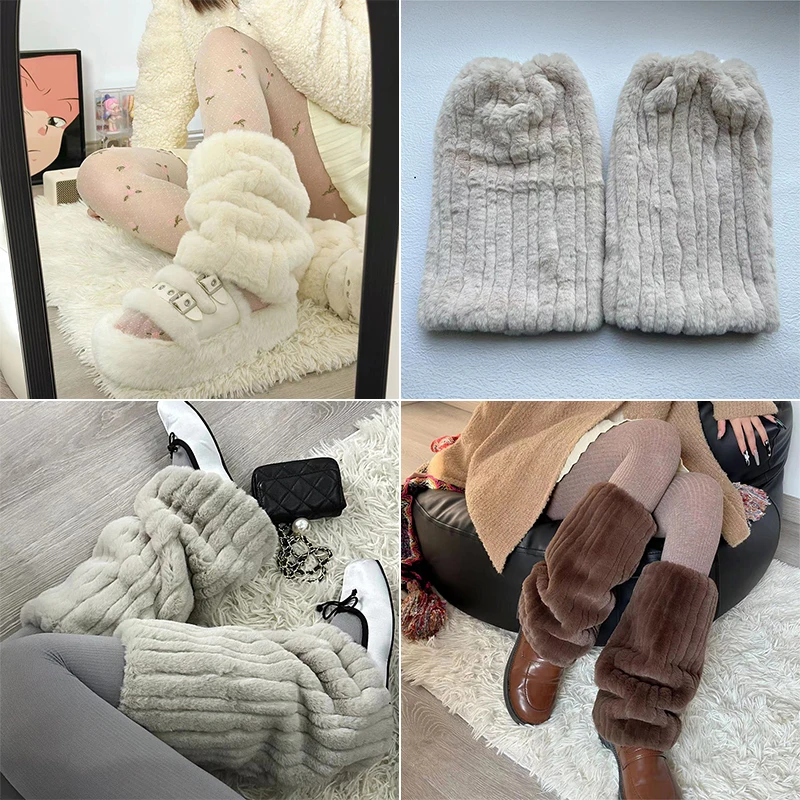 Harajuku Y2k Girls Cute Plush Leg Warmers Thicken Imitation Mink Fur Boots Cover Winter Warm Lolita Kawaii Sweet JK Leg Cover
