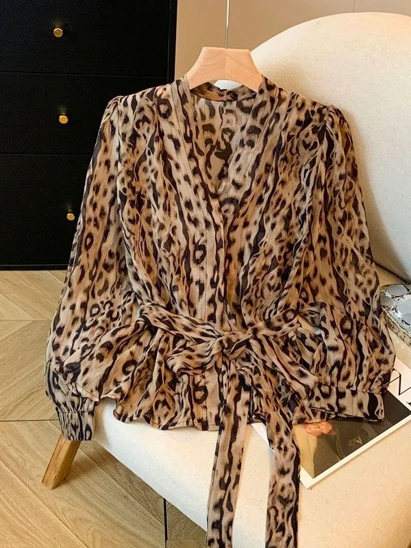 Elegant Long Sleeve Women's Shirt Slimming Print Waist-Cinching French Style V-neck Tie-Detail Spring Autumn New Arrival