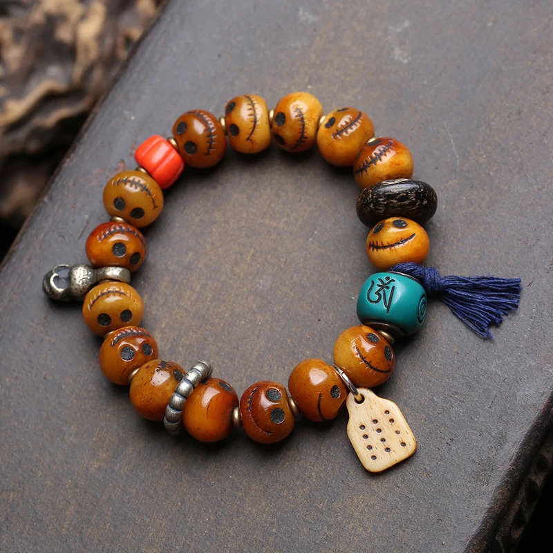 

Vintage Yak Bracelet With Beads, Single Loop, Bone And Copper Clasp Accessories