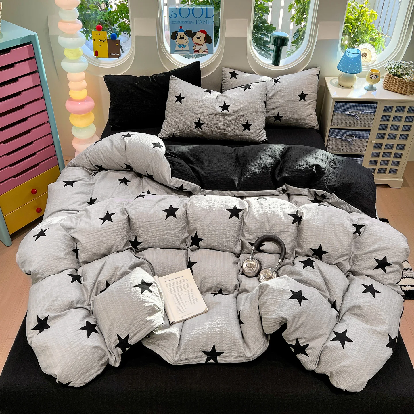 3/4PCS Bedding Set Black Grey Five-pointed Stars Duvet Cover Set Sheet Set King Queen Size for Home Bedroom Decor Bithday Gift