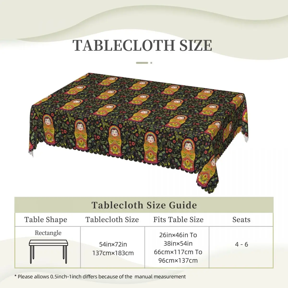 Russian Doll Matryoshka Custom Rectangular Tablecloth Oilproof Table Cover for Dining Events Table Cloth