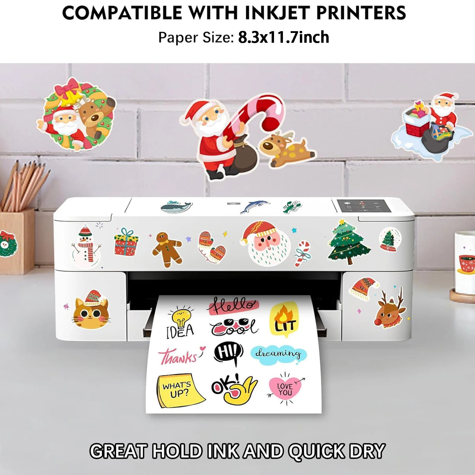 40매 A4(8.3 x 11.7인치) 인쇄 가능 비닐 스티커 용지 (잉크젯 및 레이저 프린터용) 무광택 흰색 방수, 빠르게 건조됨