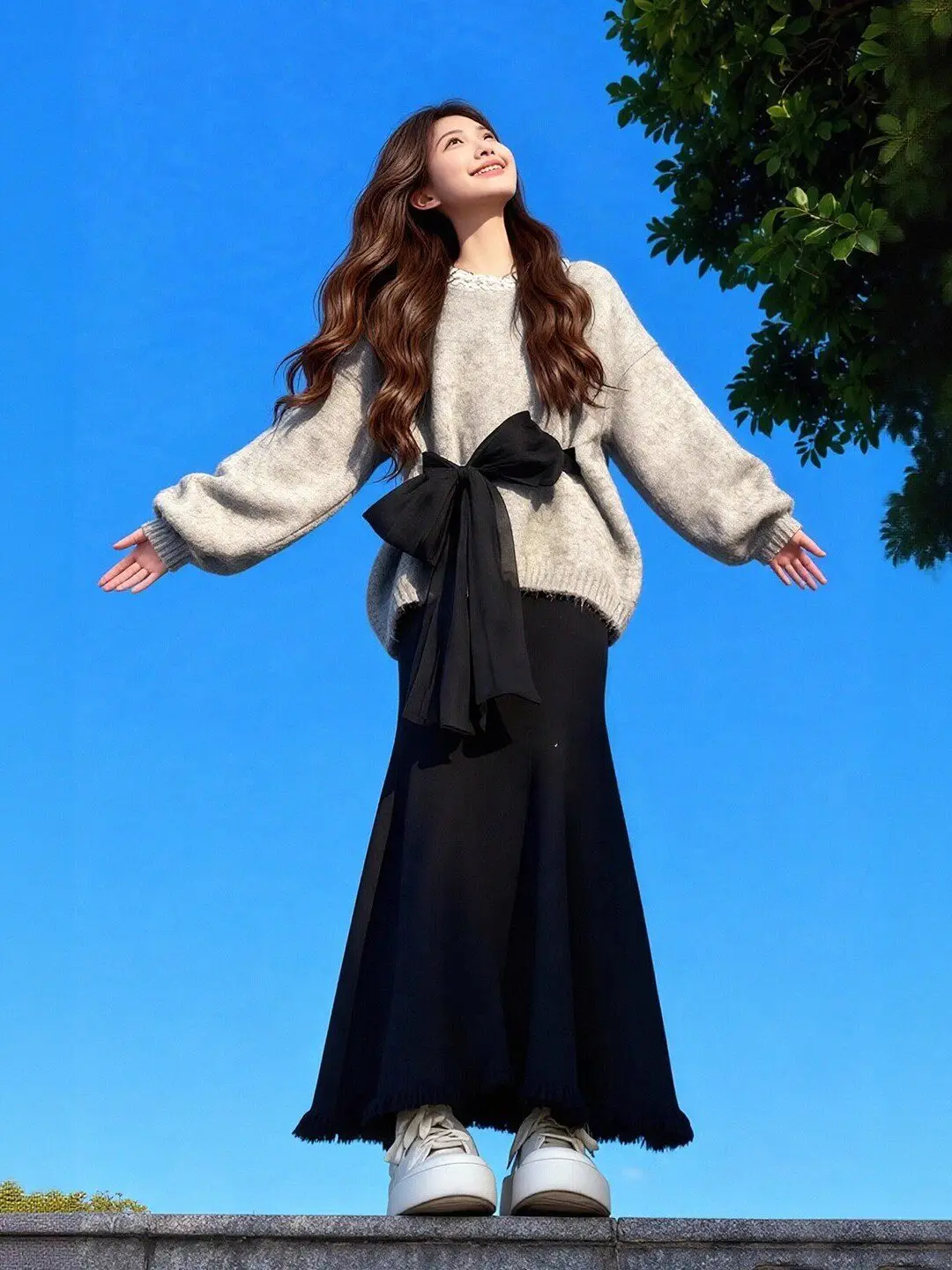 

Winter Faion plus Size Women's Knitted Sweater And Tassel Skirt Set with Bow Unique And ular Casual Sle High Waist