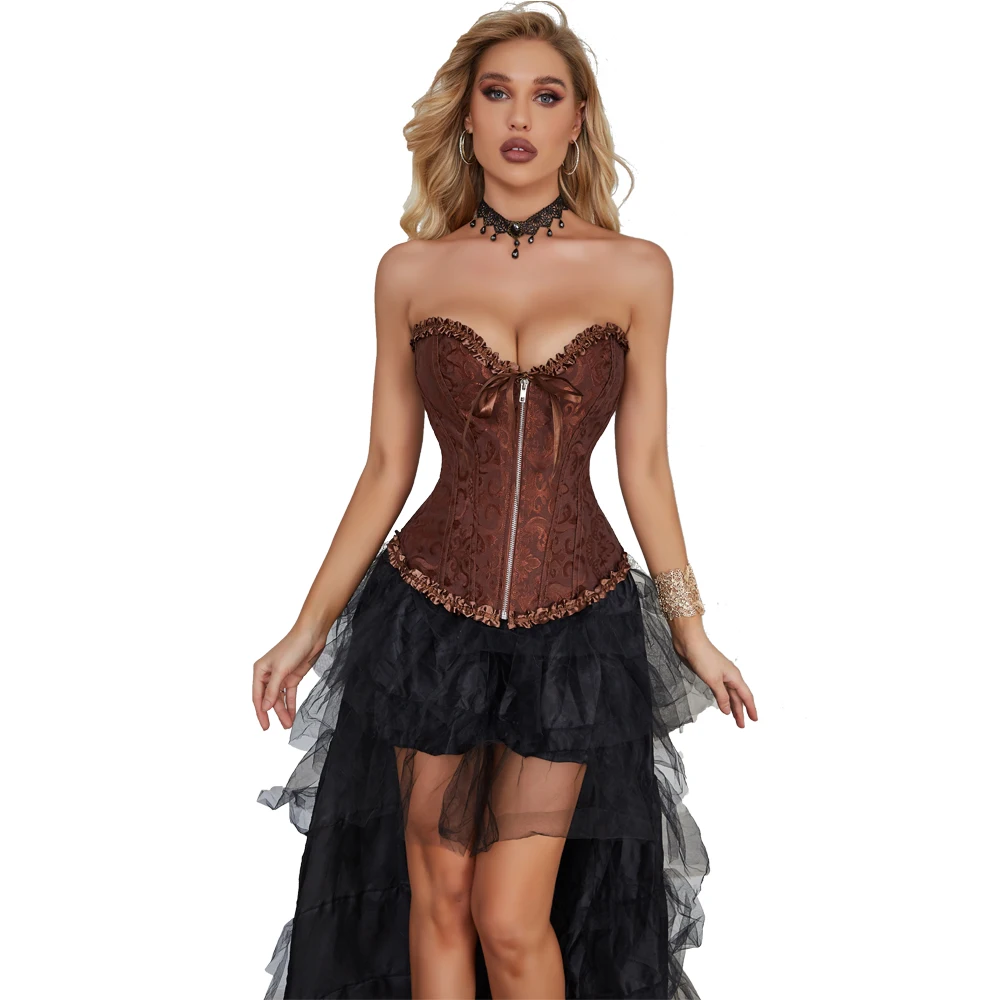 Corset à fermeture éclair sur le devant, os en plastique, surbuste, bustier en Jacquard, haut basques