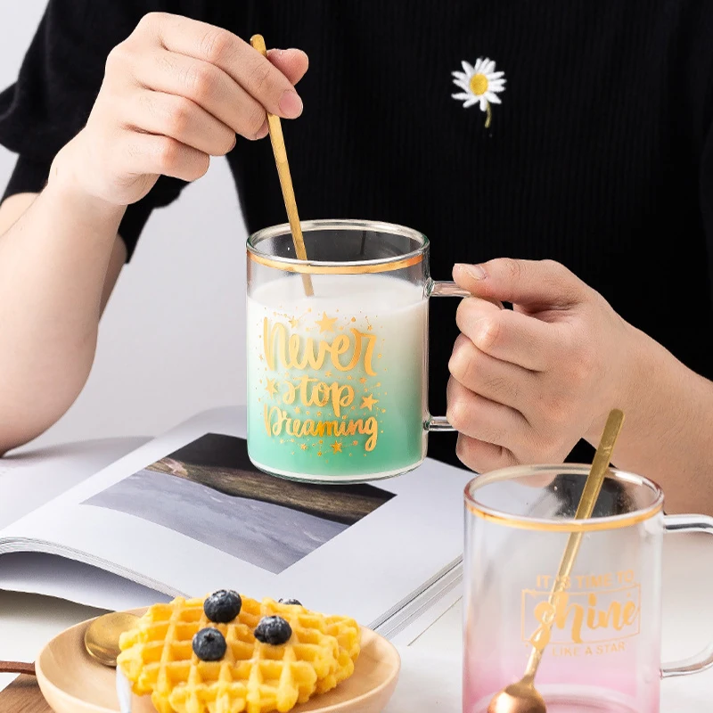 Tasse en verre Starry Sky, Ins Nordic, degrés de chaleur graduels, tasses à café en verre, haute beauté, cuillère, thé, petit déjeuner étudiant, lait