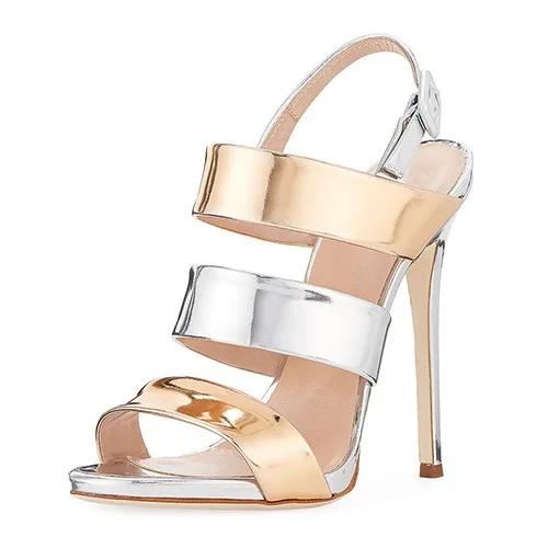 Women Metallic Color Block Patent Leather Strappy Sandals Stiletto Heel Slingback Sexy Elegant Trendy Party Plus Size Shoes F715