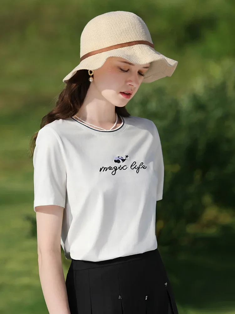 I BELIEVE YOU Ice Porcelain Cotton Embroidery Short Sleeve T-Shirt Women 2024 Summer New Slim Chic Female Casual Tees 2241015519