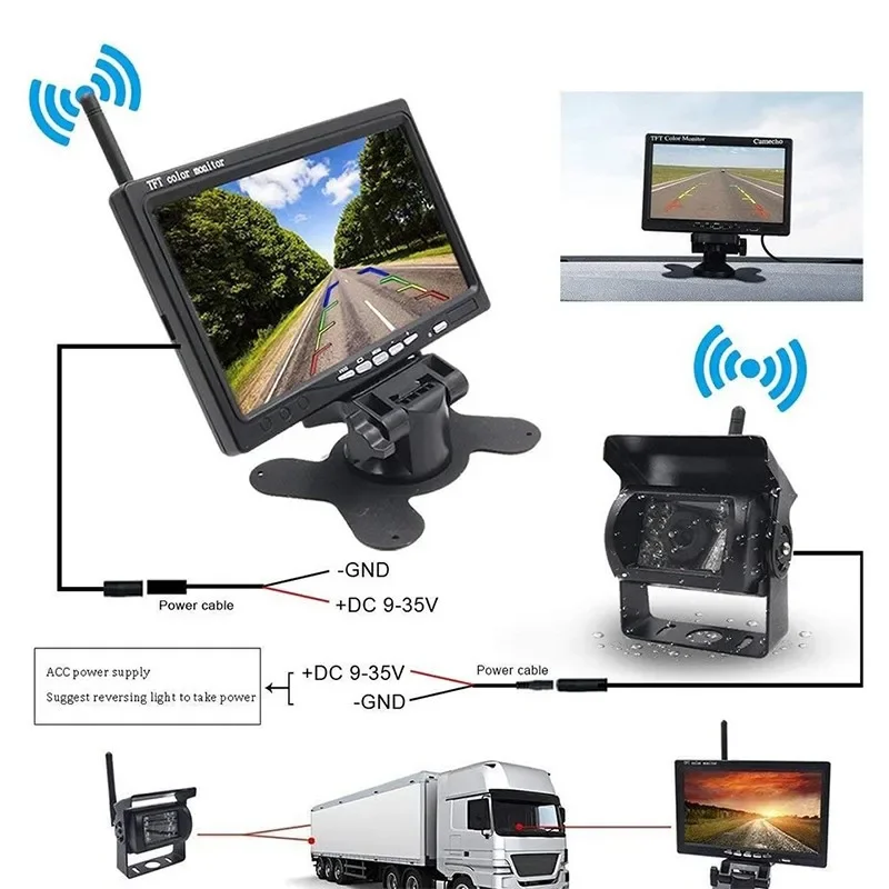 Vehicle Wireless Reverse Camera 7 inch LCD Monitor For Trucks Bus RV Trailer Excavator Car Monitor 12V-24V Rear View Camera