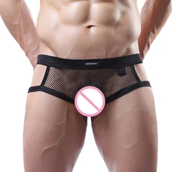 Sexy Men's Underwear Hollow See Through Briefs Mesh Perspective Shorts Elastic Jockstrap Double Thongs Elastic Underpants