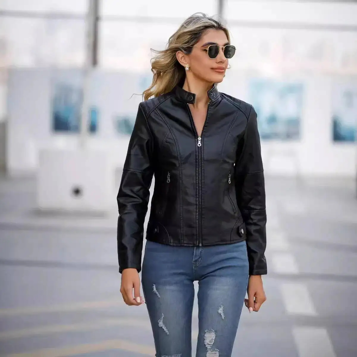 

Slim Fit Biker Style Women's Leather Jacket Coat Thin Spring Autumn Stand Collar Long Sleeve Streetwear Trendy Fashion Outerwear