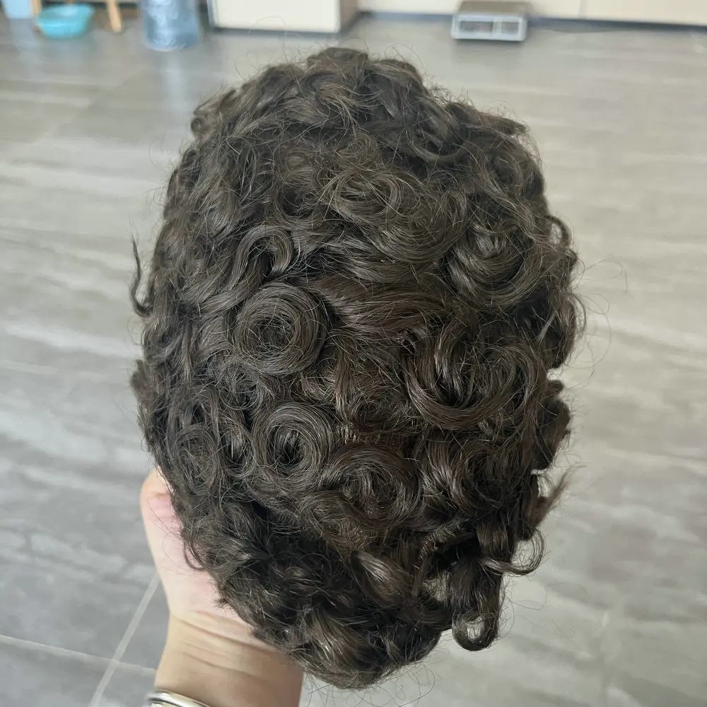 Herren-Toupet aus Echthaar, 20 mm, lockig, dünne PU-Haut, männliche Haarprothese, indisches Remy-Haarsystem, natürlicher Haaransatz, Herrenperücke – Detail 6
